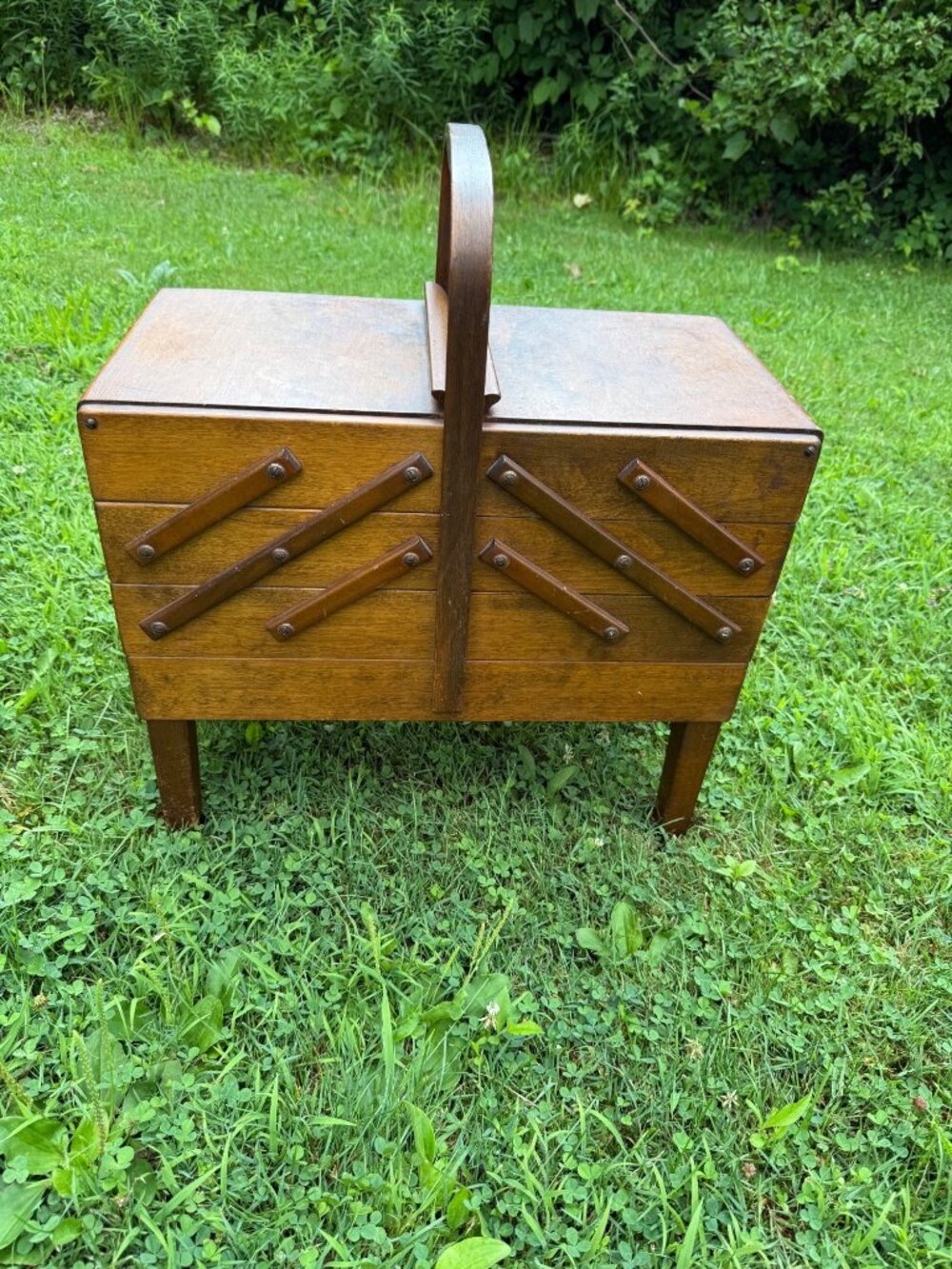 Vintage Stommen Bruk Hamar Norway Wooden Accordion Sewing Box MCM